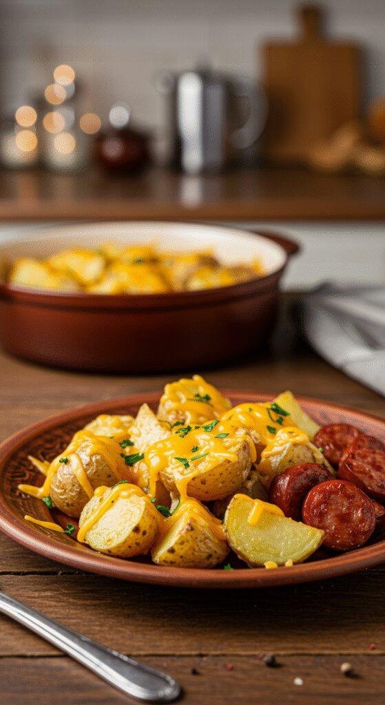 A realistic image of cheesy ranch potatoes and smoked sausage plated in a cozy home kitchen setting, with warm lighting, a wooden table, and homey kitchen items in the background.