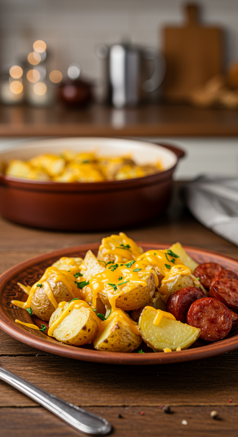 A realistic image of cheesy ranch potatoes and smoked sausage plated in a cozy home kitchen setting, with warm lighting, a wooden table, and homey kitchen items in the background.