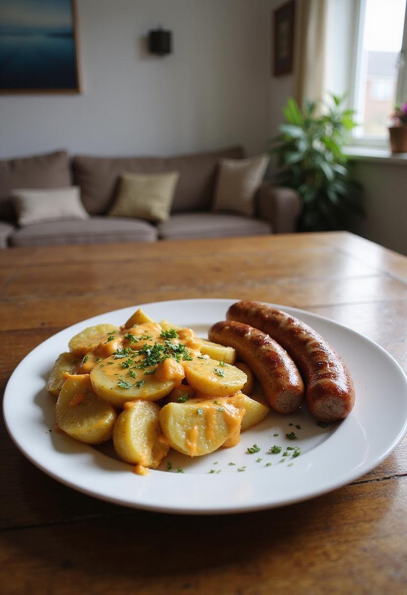 A realistic scene showing cheesy ranch potatoes and smoked sausage plated and styled in a cozy home setting, with warm natural light and homey decor around.