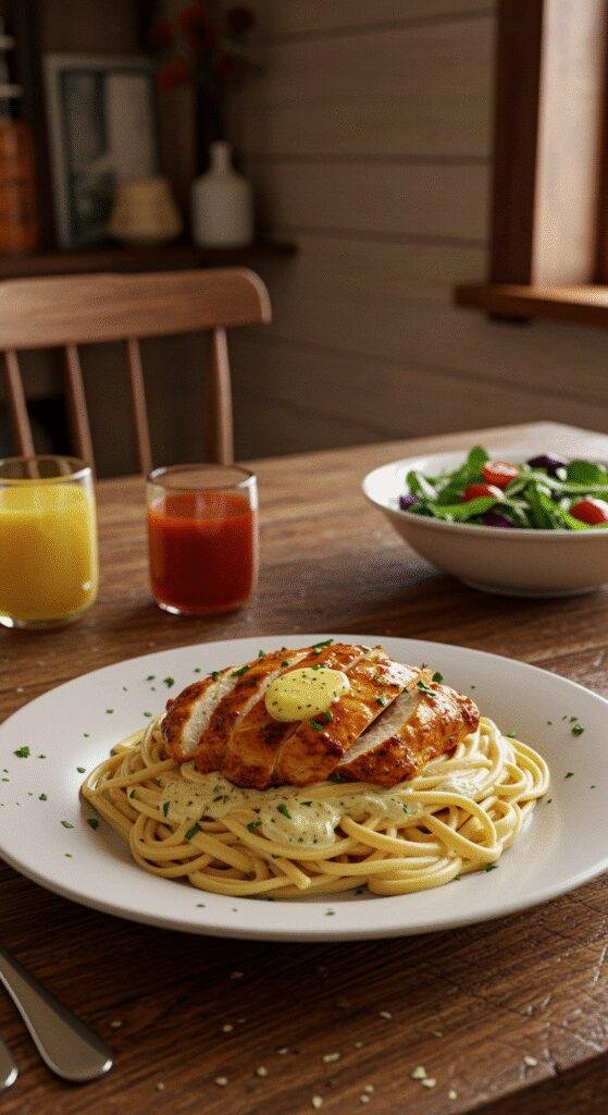 A cozy home dining scene showing a plate of Cowboy Butter Chicken Linguine on a wooden table, with grilled chicken pieces, creamy sauce, and fresh herbs, creating a warm, inviting atmosphere perfect for a hearty meal.