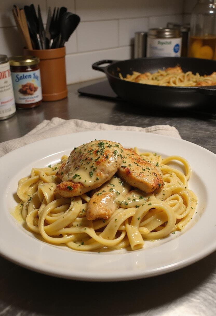 A professional kitchen setting displaying a plate of Cowboy Butter Chicken Linguine with sliced chicken, creamy pasta, and herbs, arranged neatly on a countertop surrounded by cooking tools and ingredients.