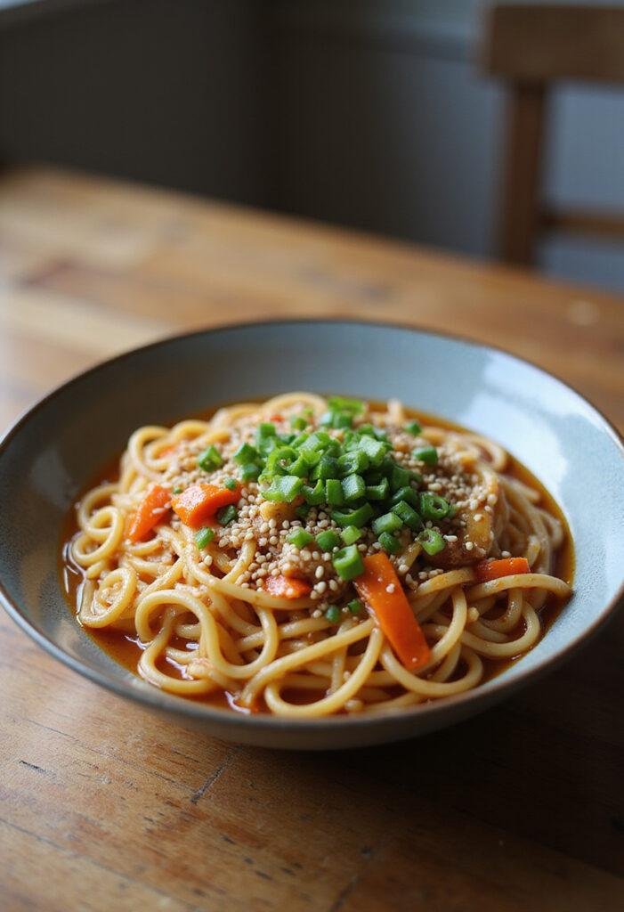 A cozy home setting with a bowl of vegan ramen noodles garnished with green onions and vegetables, served on a wooden table with soft lighting.