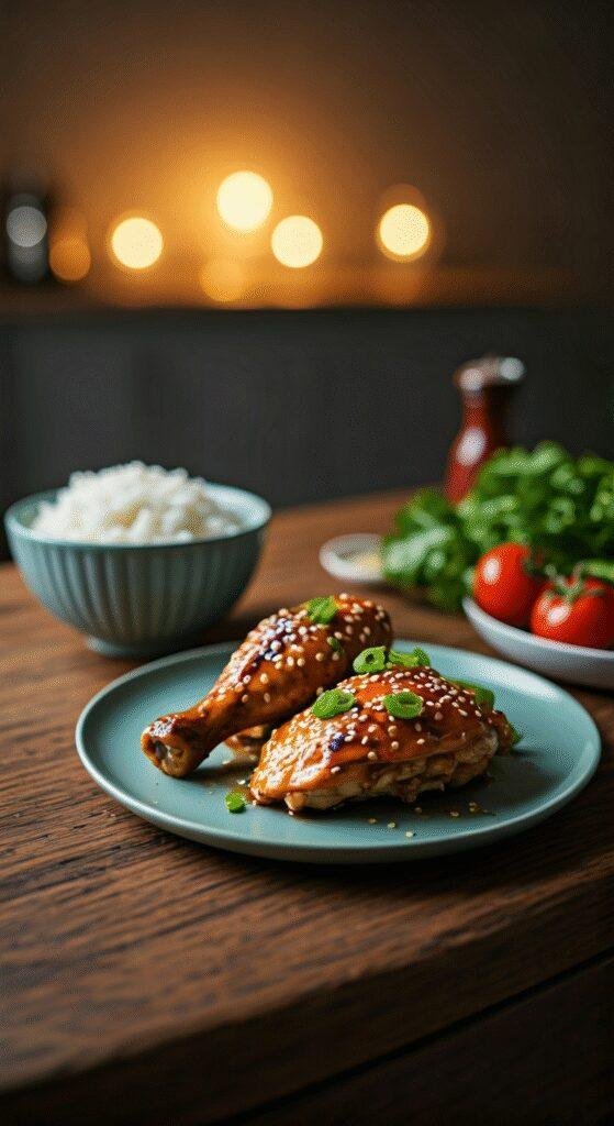 Healthy sesame chicken served on a plate in a cozy home setting, featuring glazed chicken pieces topped with sesame seeds and green onions, with rice and vegetables on the side, presented in a warm, inviting atmosphere.