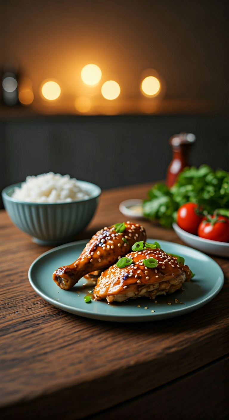 Healthy sesame chicken served on a plate in a cozy home setting, featuring glazed chicken pieces topped with sesame seeds and green onions, with rice and vegetables on the side, presented in a warm, inviting atmosphere.