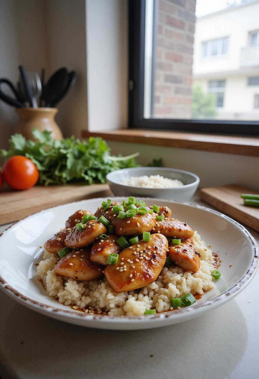 Healthy sesame chicken plated in a modern kitchen setting, garnished with sesame seeds and chopped green onions, with ingredients and kitchen tools in the background for a natural, realistic look.