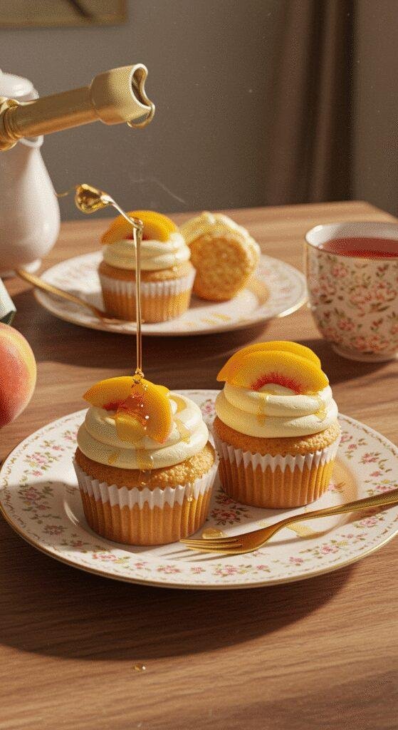 Realistic image of honey peach cream cheese cupcakes decorated with peach slices and honey drizzle on a cozy home table, illustrating a deliciously styled dessert in a warm, inviting environment.