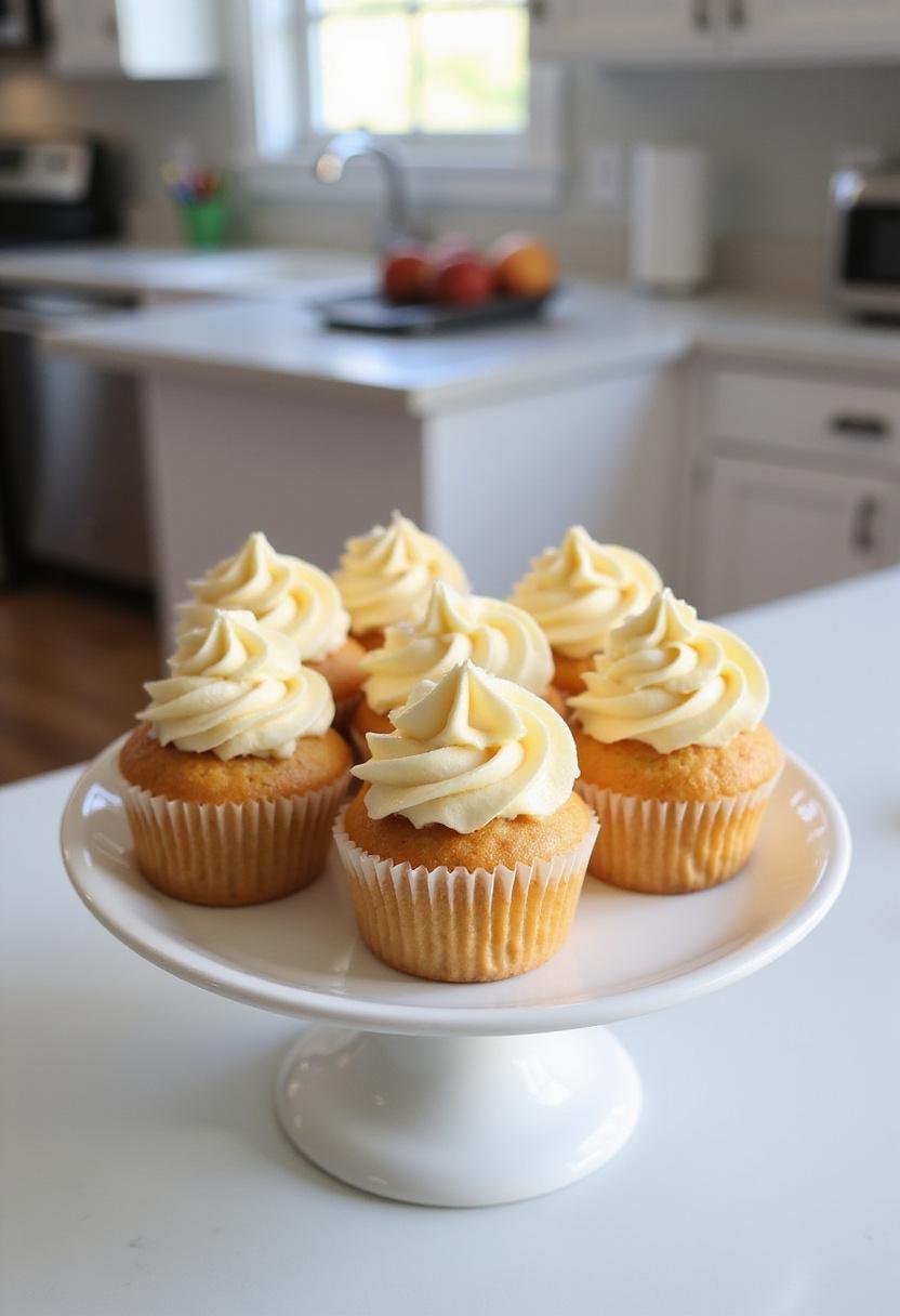 Realistic image of honey peach cream cheese cupcakes on a clean kitchen counter, styled in a practical kitchen setting with natural light, showcasing the dessert as it would be served at home.