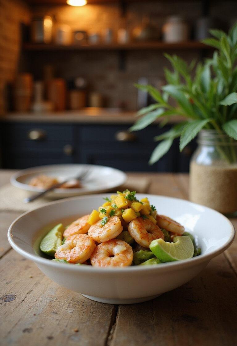 A realistic image of a shrimp and avocado bowl with mango salsa and lime-chili sauce on a wooden table in a cozy home kitchen, highlighting fresh ingredients and colorful presentation.