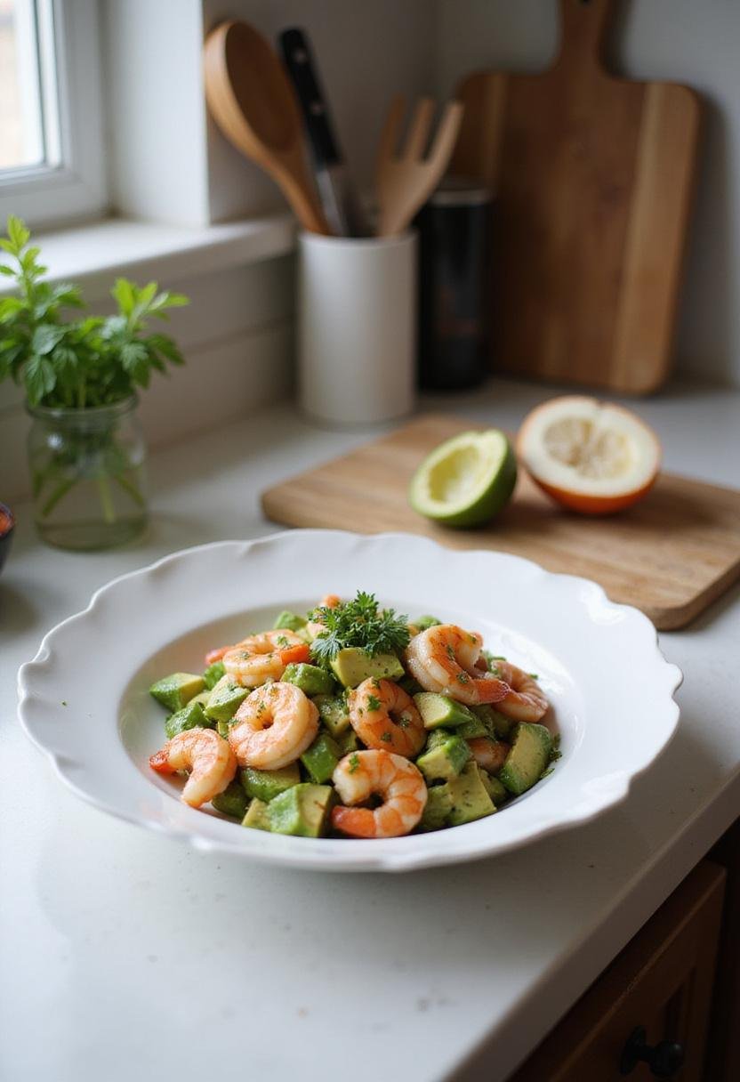 A realistic image of a shrimp and avocado bowl with mango salsa and lime-chili sauce served on a white plate in a kitchen setting, showcasing fresh ingredients in a cozy, home environment.