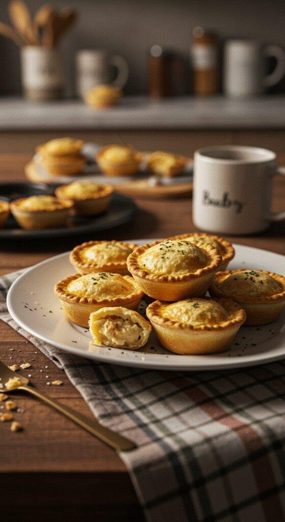 Realistic photo of cozy winter baby shower food, featuring mini chicken pot pies served on a rustic wooden table with soft, natural lighting, slightly imperfect presentation, and casual background elements for an inviting home feel.