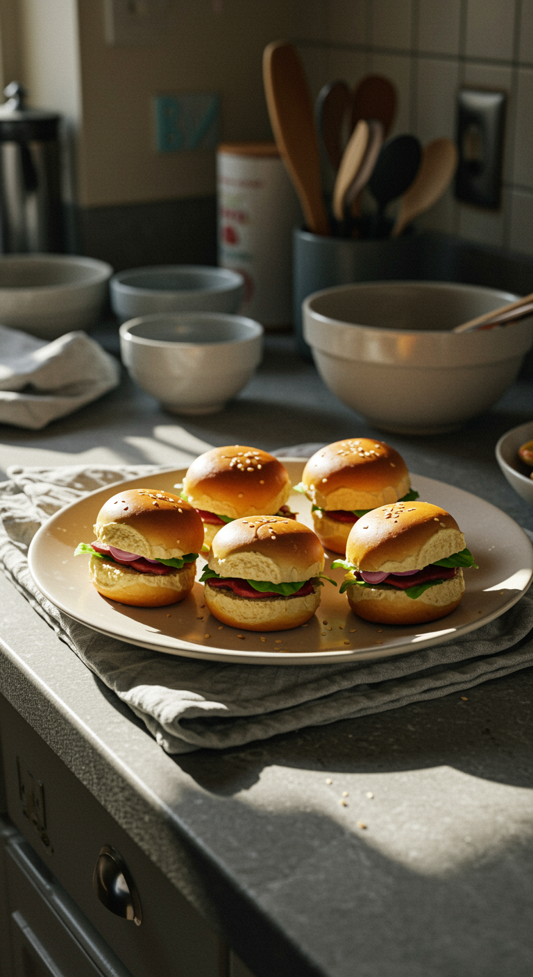 Real-life photo of cozy winter baby shower food presentation in an home kitchen setting, showing casual arrangement of finger foods on a plate, natural imperfect lighting, and a warm, relaxed atmosphere with cluttered background elements.