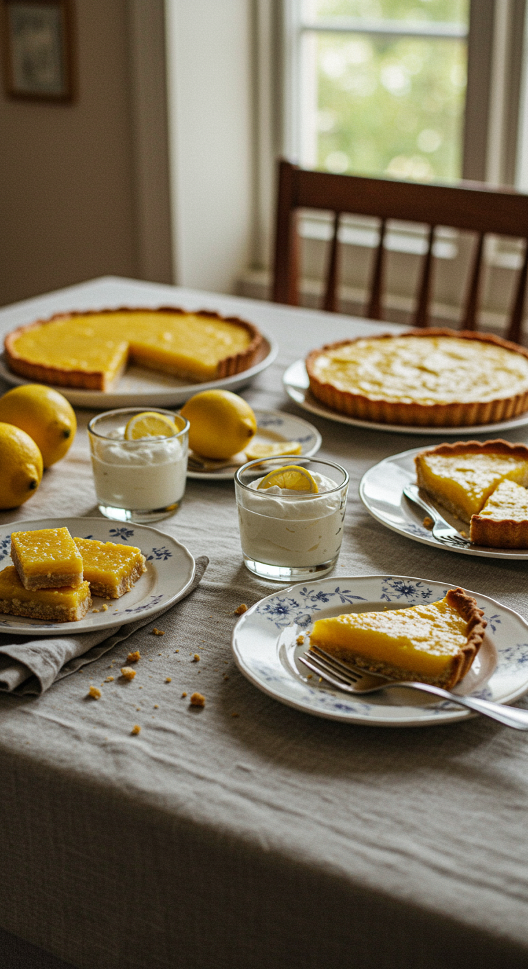 A realistic, amateur-style photo of lemon desserts such as lemon bars, lemon mousse, and lemon tart slices casually placed on a cozy kitchen table with a slightly wrinkled cloth, crumbs, and soft daylight. The scene emphasizes natural imperfections and warm, inviting ambiance of a home setting.