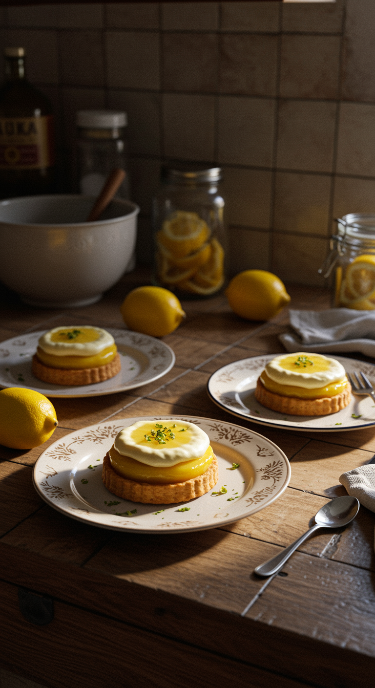 An amateur-style photo of lemon desserts on a kitchen counter, casually plated on imperfect dishes with nearby utensils and kitchen clutter. The scene has natural, uneven lighting with shadows and a warm, cozy feel, emphasizing the homemade nature of the desserts.