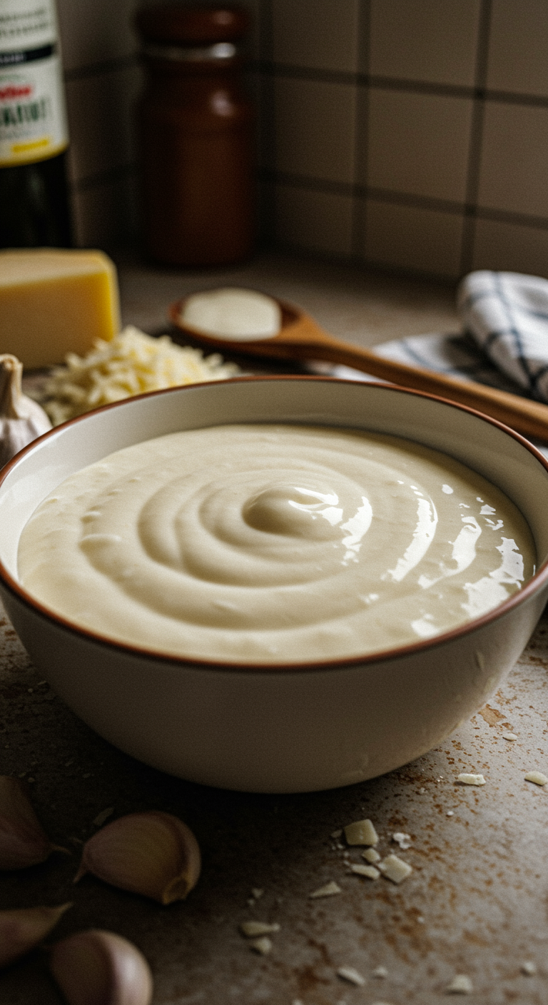 Casual photo of homemade Alfredo sauce in a home kitchen, featuring a creamy bowl on a slightly cluttered countertop with ingredients and utensils, cozy atmosphere, natural lighting, imperfect but inviting presentation.