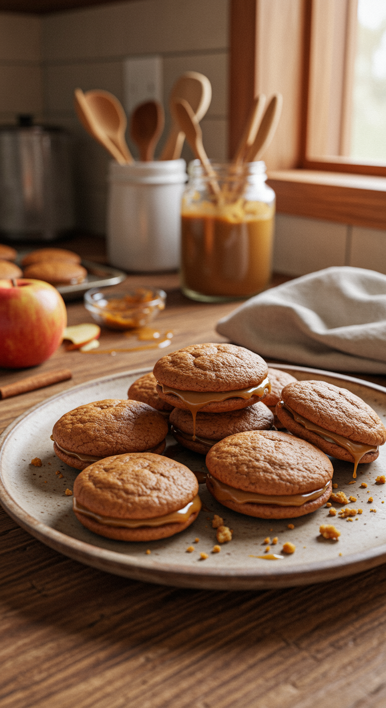 Casually plated Apple Cider Whoopie Pie cookies with caramel filling on a rustic plate in a cozy home kitchen, captured in natural lighting with an unstyled, homely atmosphere.
