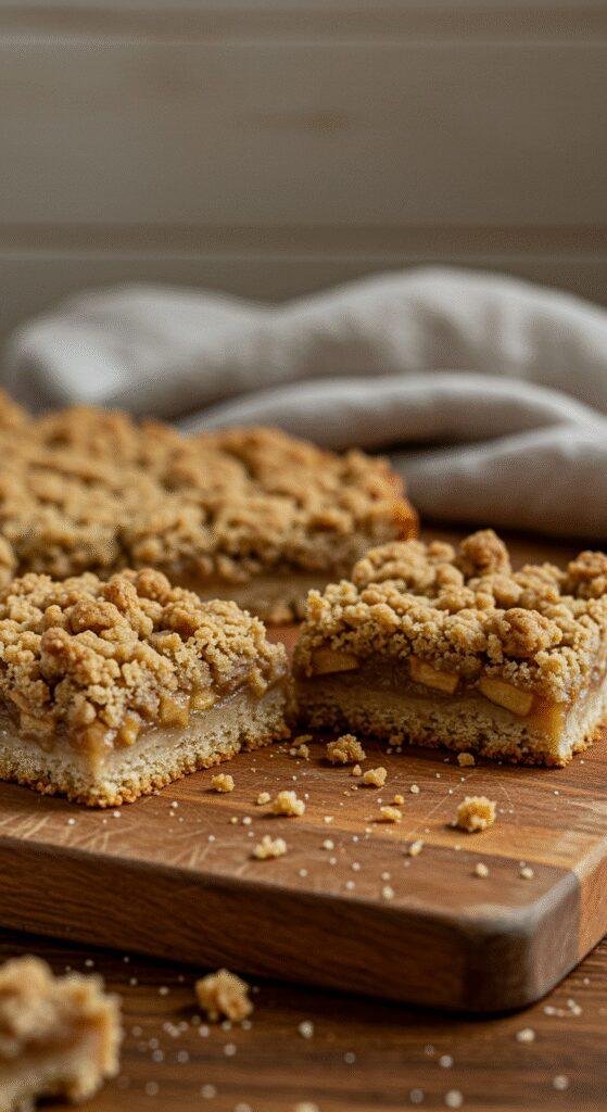 Casual indoor photo of Apple Crisp Shortbread Bars on a rustic wooden board, showing a homemade appearance with uneven edges, crumbly topping, and visible apple pieces, set in a warm kitchen with scattered crumbs and a simple cloth napkin, natural light, and soft shadows.