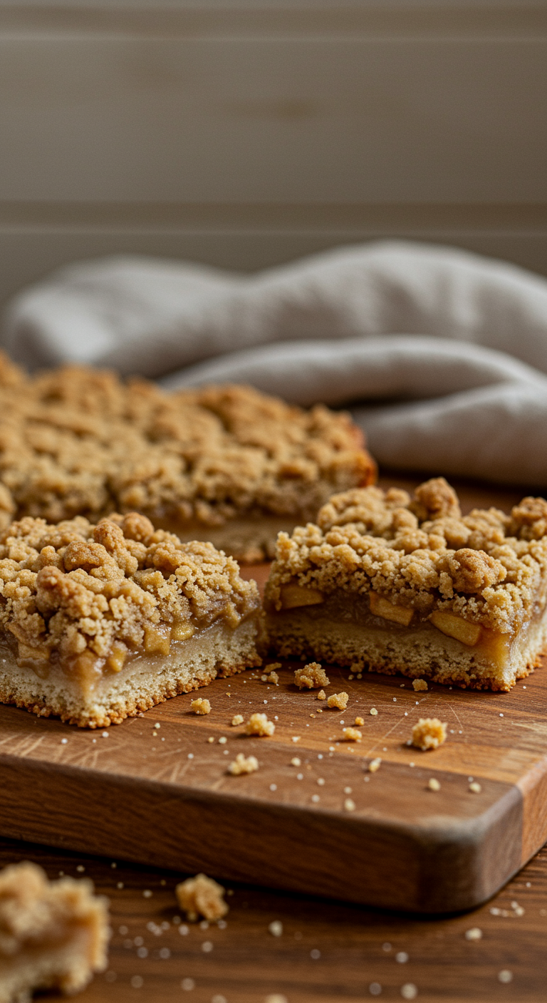 Casual indoor photo of Apple Crisp Shortbread Bars on a rustic wooden board, showing a homemade appearance with uneven edges, crumbly topping, and visible apple pieces, set in a warm kitchen with scattered crumbs and a simple cloth napkin, natural light, and soft shadows.