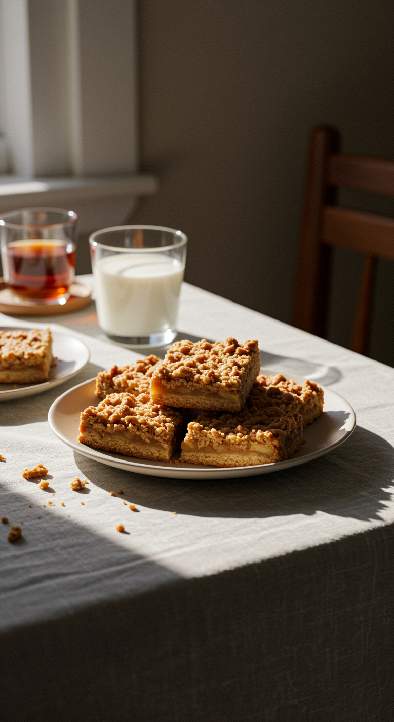 Casual photo of Apple Crisp Shortbread Bars served on a ceramic plate in a cozy home kitchen scene, with a wrinkled tablecloth, scattered crumbs, and natural daylight creating a warm, imperfect shot that highlights a homemade vibe.
