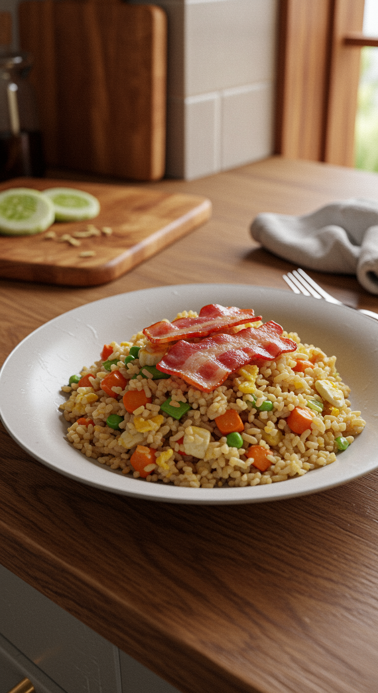 A realistic image of Bacon Fried Rice served in a white bowl on a rustic wooden table, featuring unevenly mixed rice with crispy bacon pieces, natural lighting, and a cozy kitchen background with utensils and a dish towel, capturing a homemade, approachable meal scene.