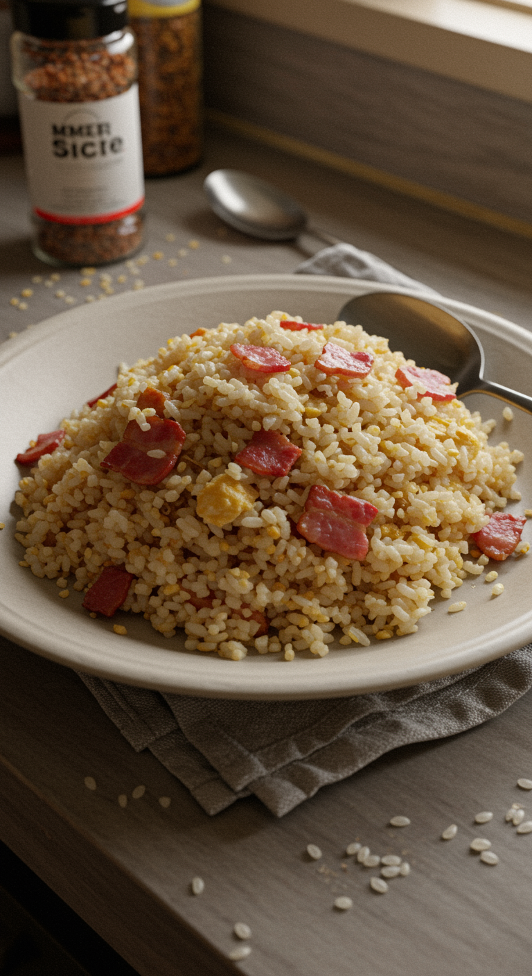 A realistic image of Bacon Fried Rice served casually on a plate within a cozy home kitchen, featuring uneven lighting, natural imperfections, and background clutter, capturing an inviting homemade meal atmosphere.