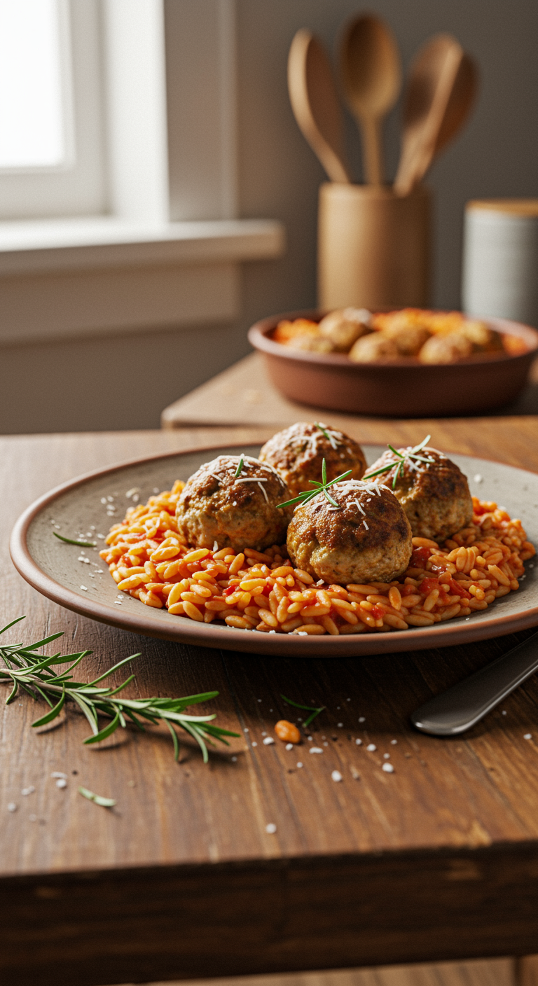 Casually plated baked rosemary chicken meatballs with tomato orzo served on a ceramic dish in a home kitchen setting, featuring natural lighting, imperfect arrangement, crumbs, and kitchen clutter in the background, creating an authentic and cozy atmosphere.