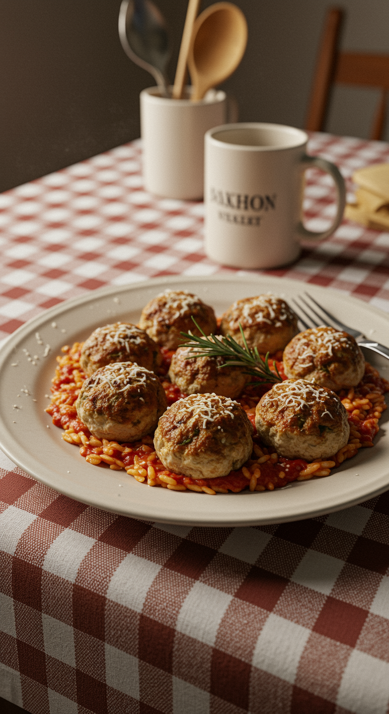 Casual presentation of baked rosemary chicken meatballs with tomato orzo on a simple plate in a cozy home dining area, featuring natural light, informal placement, and a warm, imperfect atmosphere typical of a home-cooked meal.