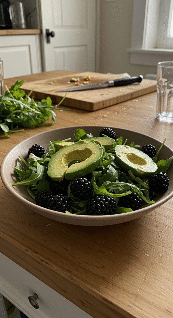 A realistic, amateur photo of a blackberry, avocado, and arugula salad casually plated in a rustic bowl on a wooden table in a cozy home setting, with natural lighting and background clutter that adds to the informal, authentic feel.