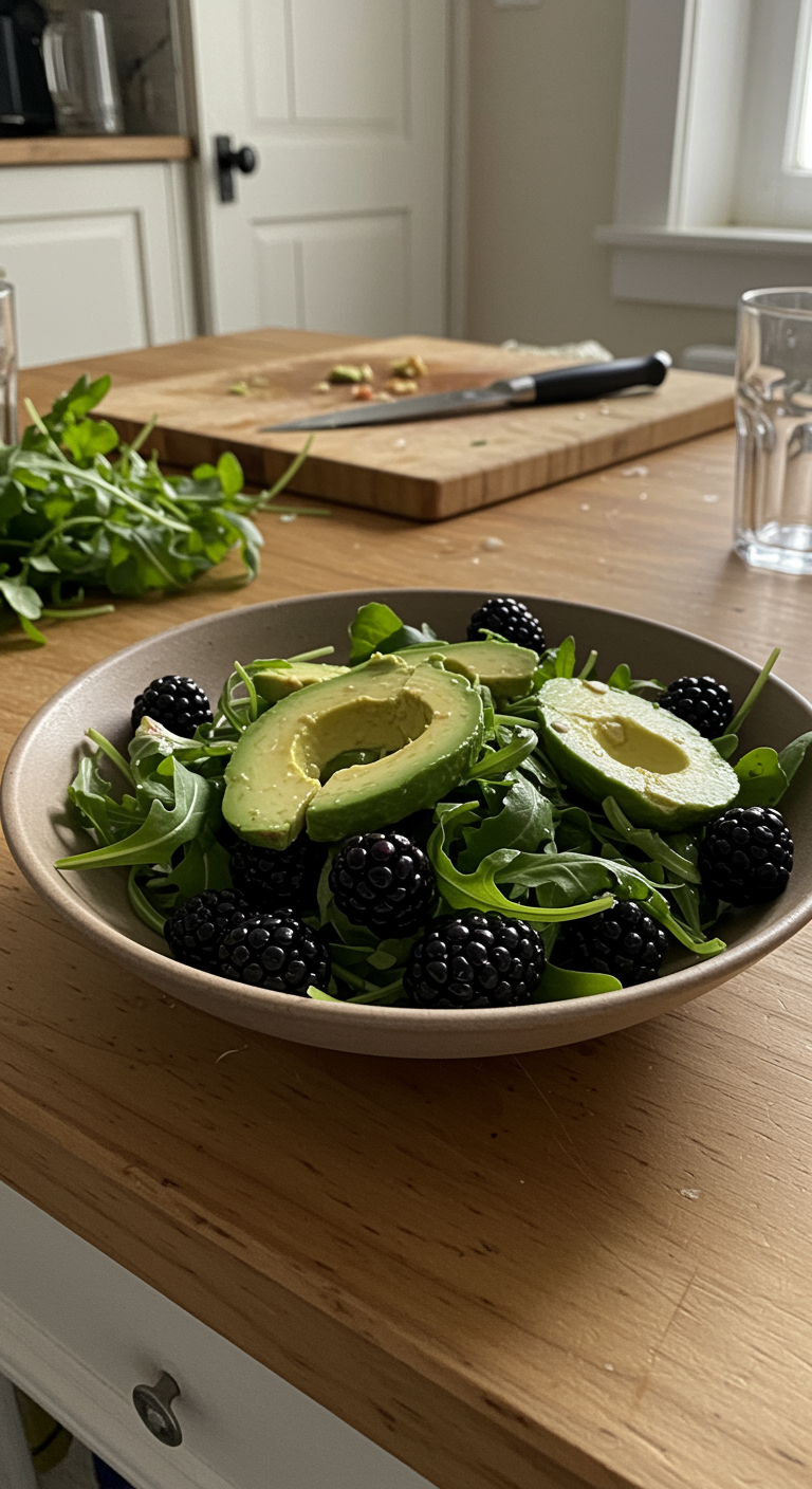 A realistic, amateur photo of a blackberry, avocado, and arugula salad casually plated in a rustic bowl on a wooden table in a cozy home setting, with natural lighting and background clutter that adds to the informal, authentic feel.