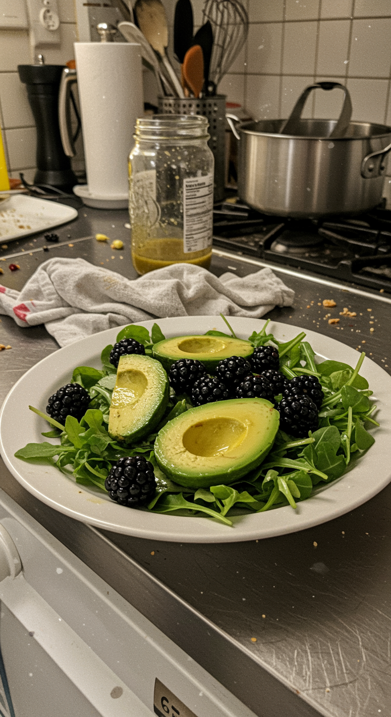 A realistic, amateur image of a blackberry, avocado, and arugula salad casually placed on a plate in a cluttered kitchen scene, showing natural lighting, imperfect presentation, and everyday kitchen clutter.