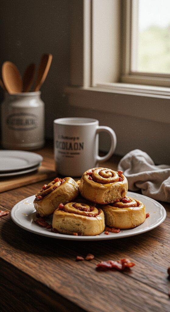 Realistic photo of bourbon maple bacon cinnamon rolls on a rustic wooden table, with uneven syrup drizzled on top and bacon bits visible, set in a cozy kitchen environment with casual clutter and natural lighting, capturing an inviting homemade feel.