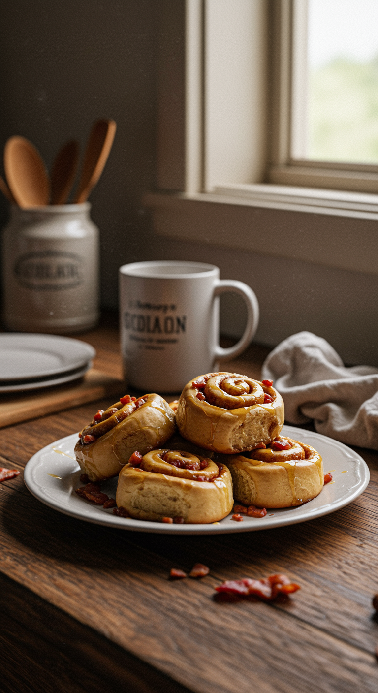 Realistic photo of bourbon maple bacon cinnamon rolls on a rustic wooden table, with uneven syrup drizzled on top and bacon bits visible, set in a cozy kitchen environment with casual clutter and natural lighting, capturing an inviting homemade feel.