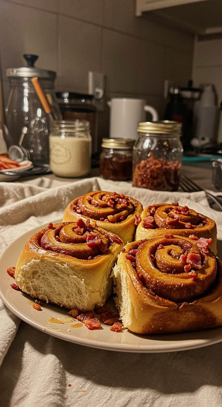 Authentic image of bourbon maple bacon cinnamon rolls casually plated in a home kitchen, featuring imperfect presentation, warm natural light, and casual clutter for a realistic, unstaged look.