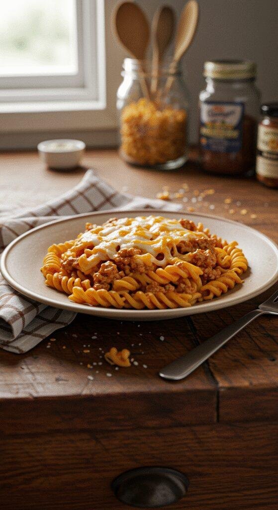 A realistic photo of cheesy ground turkey pasta served on a rustic table, featuring casual plating with melted cheese and ground turkey, in a cozy home kitchen setting with imperfect lighting and relaxed arrangement.