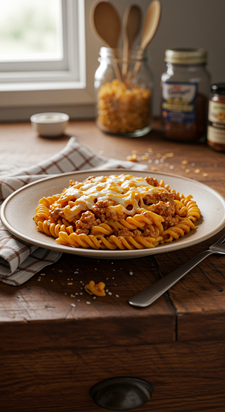 A realistic photo of cheesy ground turkey pasta served on a rustic table, featuring casual plating with melted cheese and ground turkey, in a cozy home kitchen setting with imperfect lighting and relaxed arrangement.