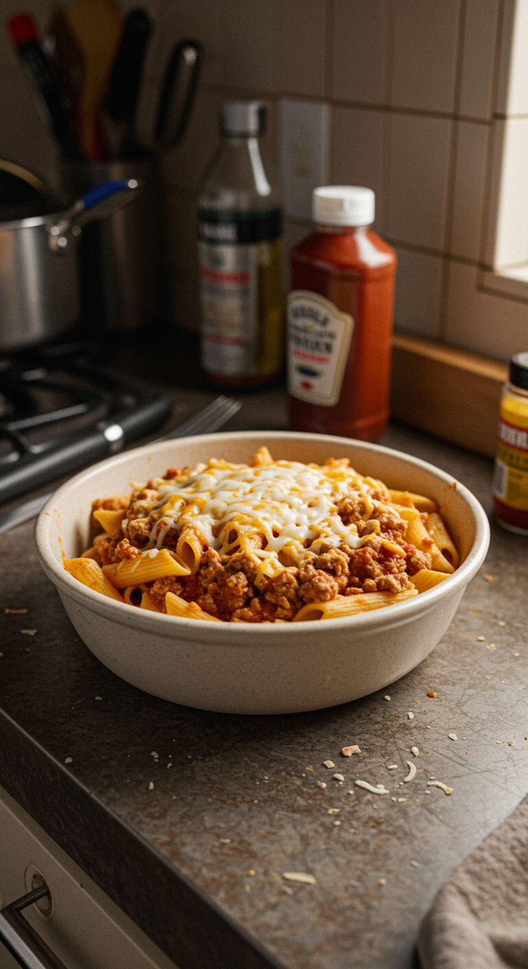 A realistic image of cheesy ground turkey pasta in a casual kitchen setting, with imperfect plating on a chipped bowl, ambient clutter, and natural lighting conveying a cozy, unstaged scene.
