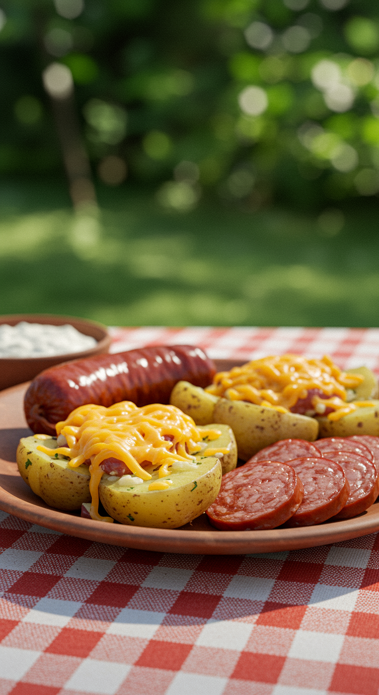 A realistic outdoor scene featuring cheesy ranch potatoes with smoked sausage served on a rustic plate, casually arranged on a checkered cloth with natural outdoor lighting, crumbs, and a bowl of ranch dressing, evoking a cozy, homemade feel.