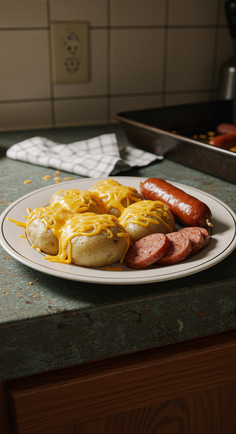 A casual kitchen scene with cheesy ranch potatoes and smoked sausage on a simple plate atop a cluttered counter, with natural lighting, crumbs, and a background of kitchen elements, conveying an authentic, homemade atmosphere.