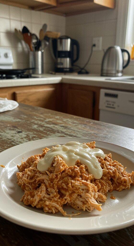 Realistic home scene showing Chicken Alfredo Sloppy Joes on a plain plate with sauce and shredded chicken, in a cozy kitchen setting with natural lighting and casual clutter in the background.