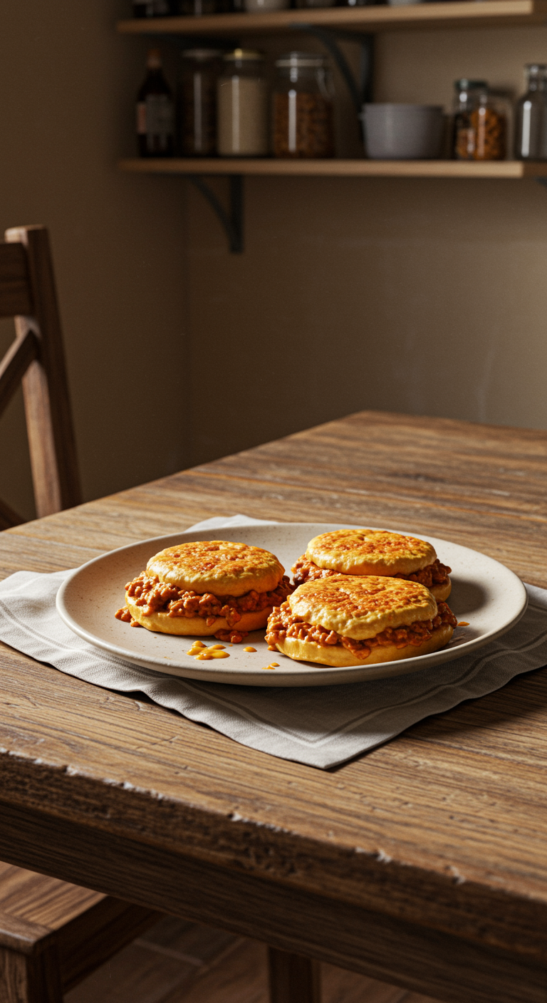 Casual kitchen scene with Chicken Alfredo Sloppy Joes on a ceramic plate, served on a rustic wooden table with natural light and informal surroundings, emphasizing a homemade, everyday meal.