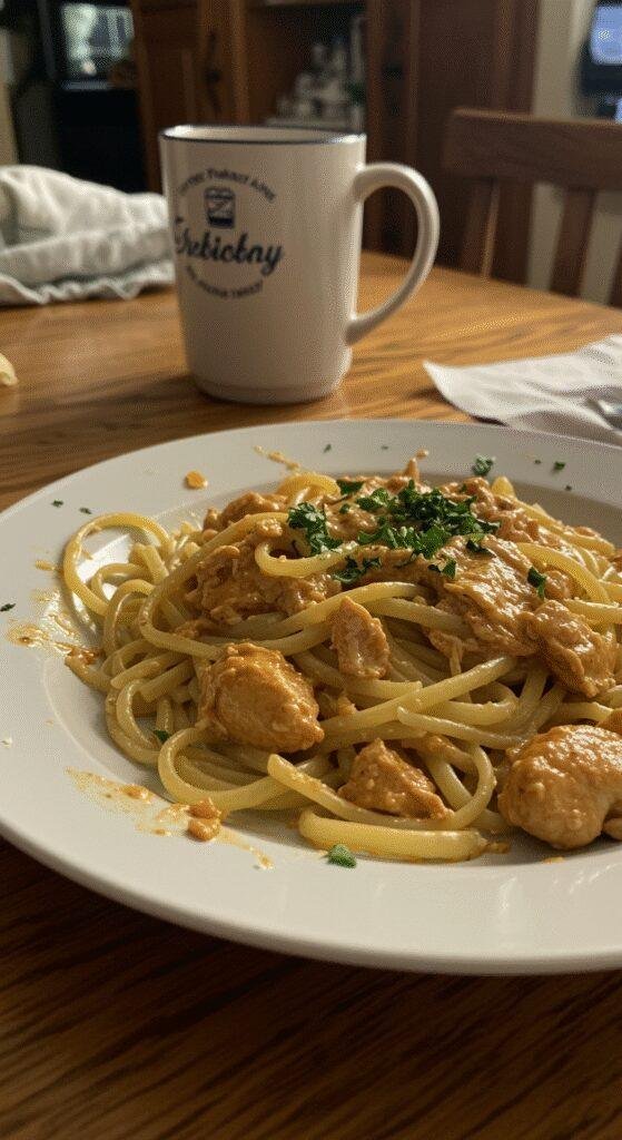 A cozy home kitchen scene featuring a plate of Cowboy Butter Chicken Linguine with tender chicken, pasta, and herbs, casually plated on a wooden table with warm lighting, crumbs, and a relaxed, inviting atmosphere.