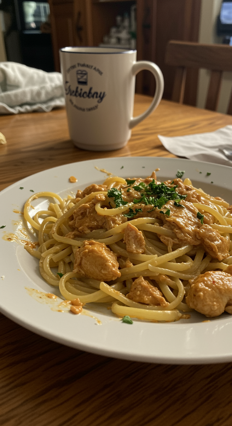 A cozy home kitchen scene featuring a plate of Cowboy Butter Chicken Linguine with tender chicken, pasta, and herbs, casually plated on a wooden table with warm lighting, crumbs, and a relaxed, inviting atmosphere.