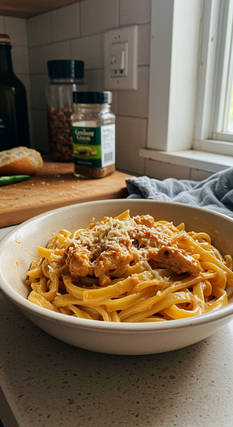 A casual kitchen scene with a ceramic bowl of Cowboy Butter Chicken Linguine on a cluttered countertop, surrounded by typical kitchen items, illuminated by natural light, emphasizing a relaxed, homemade feel.