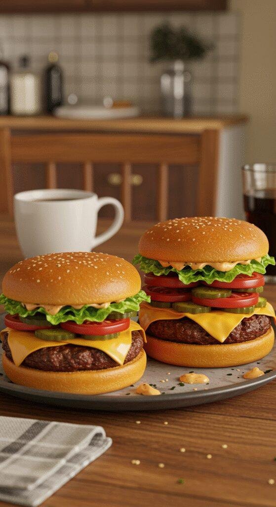 A realistic scene of homemade Crack Burgers plated on a wooden table in a cozy home kitchen, featuring toasted buns, crispy beef patties with melted cheese, fresh vegetables, and garnishes, all presented in a warm, inviting setting with soft lighting.