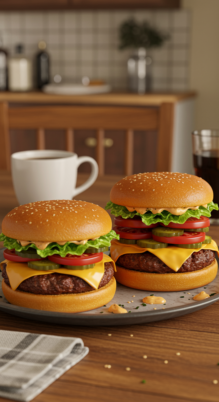 A realistic scene of homemade Crack Burgers plated on a wooden table in a cozy home kitchen, featuring toasted buns, crispy beef patties with melted cheese, fresh vegetables, and garnishes, all presented in a warm, inviting setting with soft lighting.
