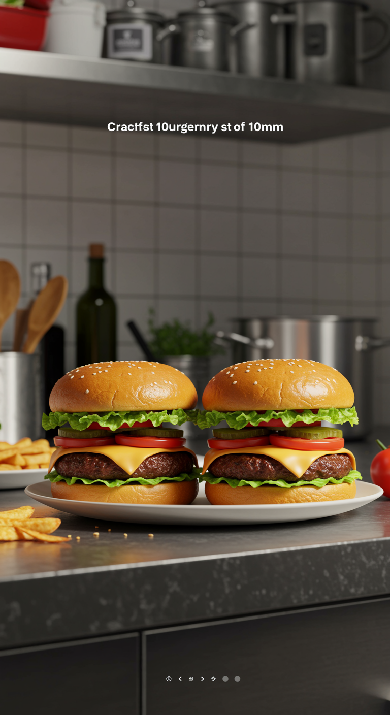 A realistic scene of Crack Burgers plated in a kitchen setting on a clean countertop, featuring toasted buns, crispy beef patties with melted cheese, fresh vegetables, and garnishes, with kitchen tools and ingredients visible in the background for a professional yet homey look.