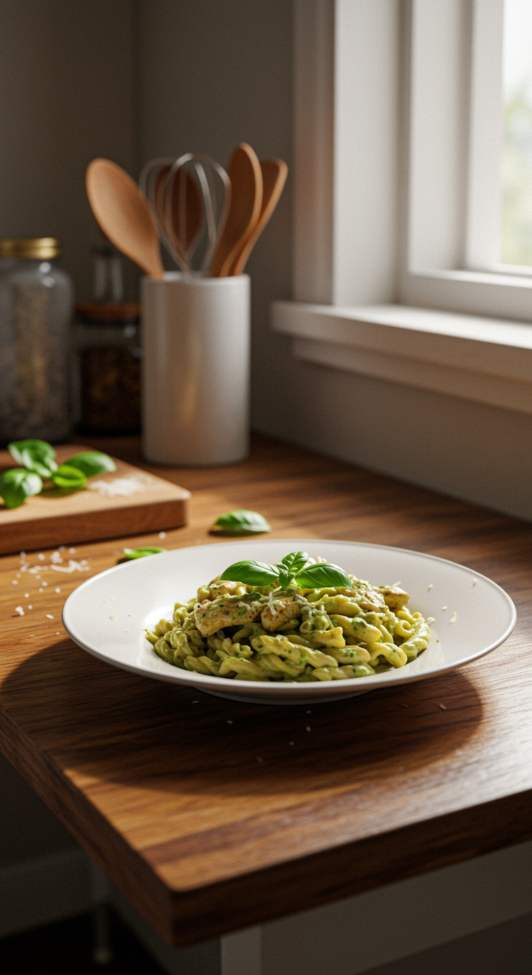 A cozy home setting with a plate of creamy chicken pesto pasta on a worn wooden table, served in a plain white bowl, garnished with basil, with crumbs and a cloth napkin nearby, lit with soft natural light, portraying a casual, realistic scene.