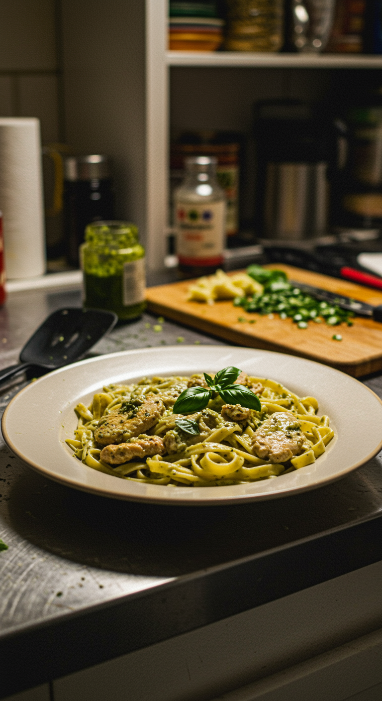A casual kitchen scene with a bowl of creamy chicken pesto pasta on a cluttered countertop, surrounded by kitchen utensils, pesto jar, and chopped ingredients, with uneven lighting and natural imperfections, resembling a realistic, unstaged photo.