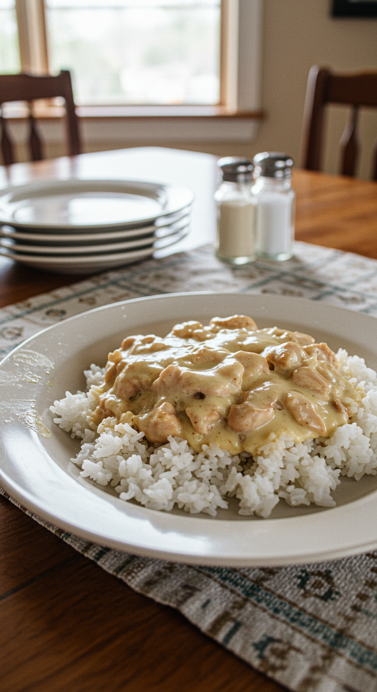 A realistic, amateur-style photo of creamy smothered chicken and rice served casually on a plate within a cozy home setting, featuring imperfect lighting, crumbs, and simple background clutter, emphasizing an inviting, home-cooked meal.