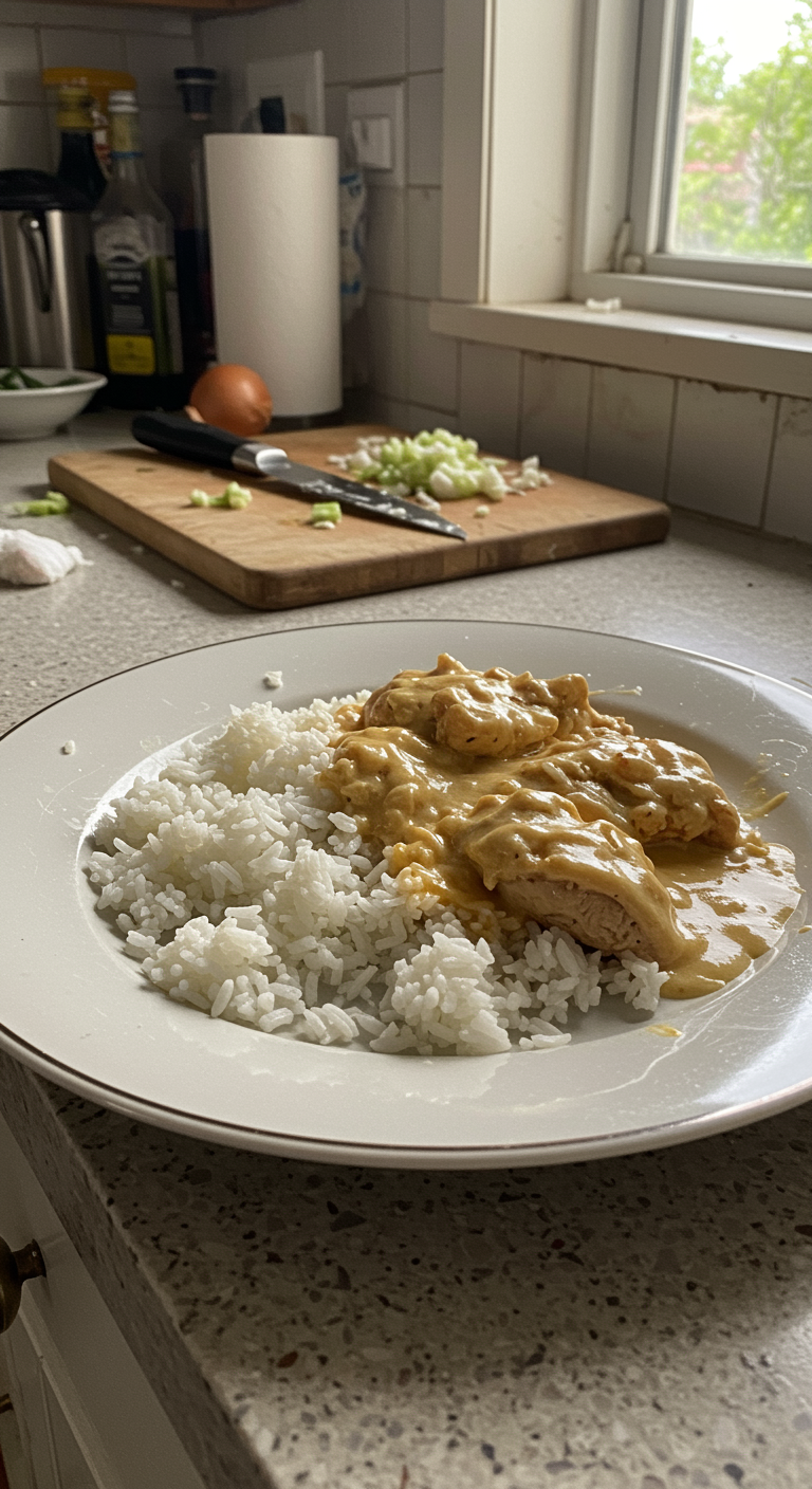 An authentic, amateur-style photo of creamy smothered chicken and rice casually plated on a kitchen counter with natural lighting, imperfect presentation, and cluttered background elements, evoking a cozy, homemade vibe.