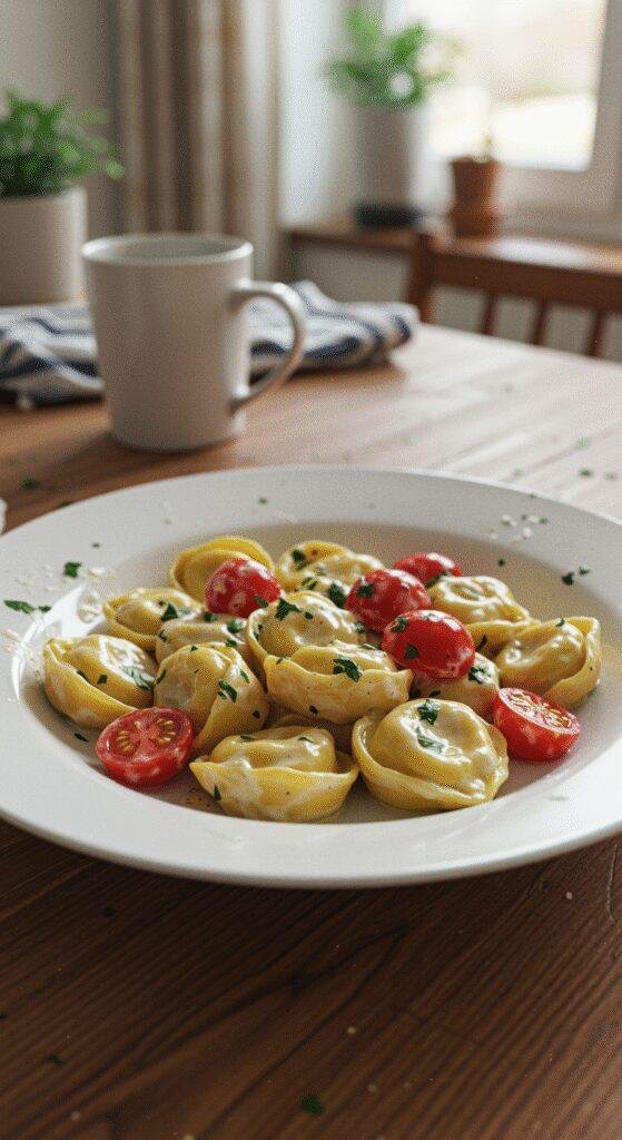 Casual photo of creamy tortellini with tomatoes served on a white plate in a cozy home setting, featuring a wooden table, some sauce smudges, crumbs, and warm natural lighting that highlights the homemade, unpretentious vibe.